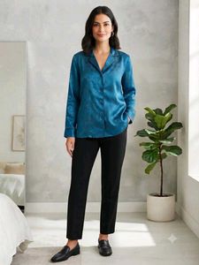 Chic Teal Satin Button-Up Shirt