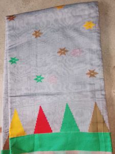 Stylish Grey Saree with Colorful Motifs