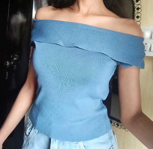 Blue Off-Shoulder Ribbed Top