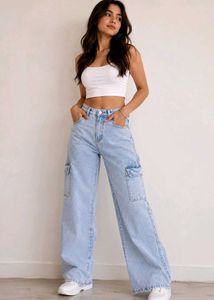 Light Blue Cargo Wide Leg Jeans