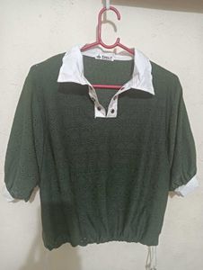 Green Eyelet Cropped Collared Top