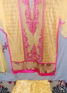 Yellow Kurta Set with Pink Embroidery