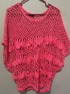 Neon Pink Crochet Poncho Top