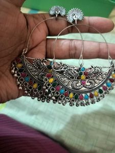 Boho Peacock Oxidised Hoop Earrings