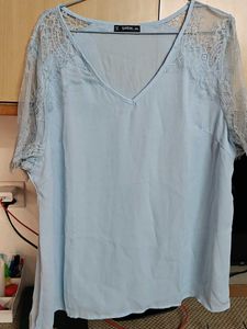 Light Blue Sheer Lace Sleeve Top