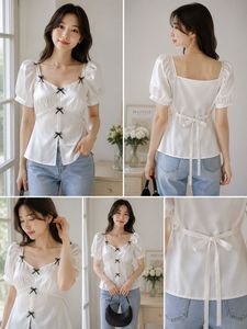 Chic White Puff Sleeve Blouse with Bows