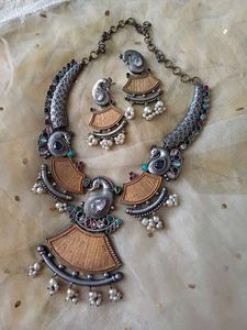 Brass Silverlookalike Peacock Necklace Set