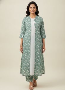 Green Floral Print Gown with Shrug