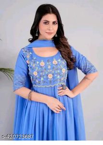 Elegant Blue Embroidered Kurta Set 3pc M
