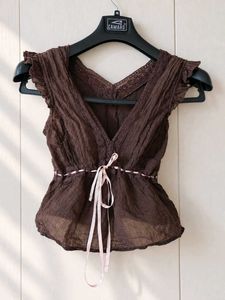 chocolate brown V-Neck Lace Trim Peasant Top