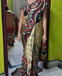 Elegant Golden Floral Print  crepeSaree