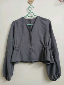 Chic Grey Peplum Button-Up Blouse