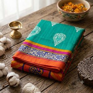 ✨ Teal Block Print Synthetic Saree ✨
