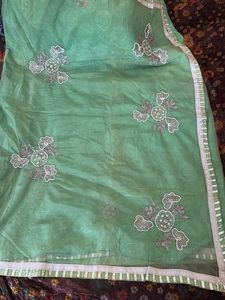 Green Embroidered Saree with attached blouse Piece