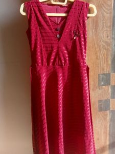 Deep Maroon A-Line Party Dress with Brooch Detail
