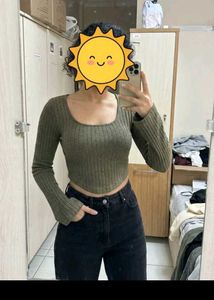 Ribbed Bell Sleeve Crop Top