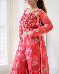 Red Floral Print Lehenga Choli Set