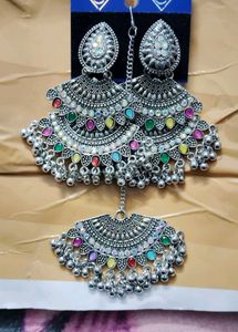 Oxidized Silver colourful Maang Tikka Set
