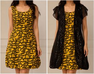 Yellow Graphic Dress & Black Sequin Shrug