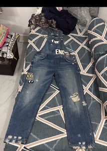 Distressed Denim Overalls with Patches