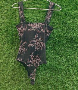 Black Floral Sheer Mesh Bodysuit / Net Inner Top