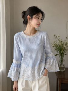 Chic Striped Lace Bell Sleeve Top