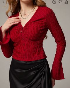 Chic Red Textured V-Neck Top