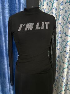 Black "I'M LIT" Rhinestone Mesh Top