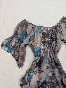 Y2K Sheer Printed Flutter Sleeve Top