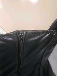 (1126)Black &amp; Gold Faux Leather Corset Top