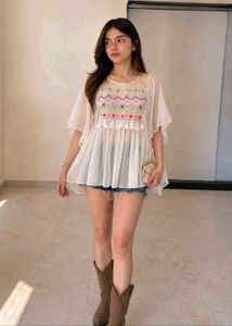 Boho Embroidered Sheer Tunic butterfly sleeves Top