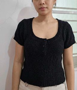 Black Textured Button-Up Top