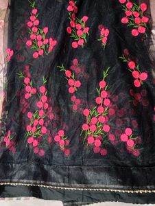 Elegant Black Saree with Pink Floral Embroidery
