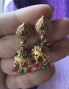 Rustic Gold Jhumka With Red and Green Beads