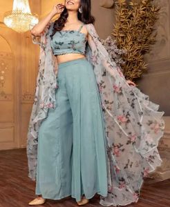 Floral Crop Top, Palazzo Pants &amp; Shrug Set