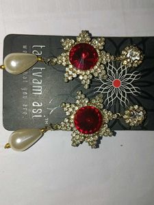 Stunning Red & Pearl Dangle Earrings
