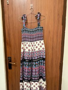 Boho Printed Tiered Maxi Dress with Smocked Bodice