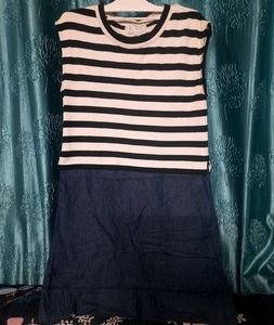 Denim Dress With Black And White Stripes