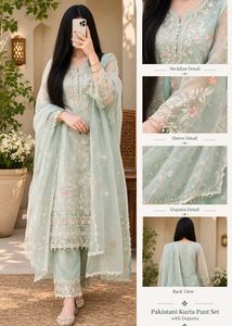 Embroidered Pakistani Kurta Pant Set with Dupatta