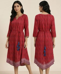 Ethnic Maroon Hand-Block Print Kurta with Tassel W