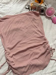 Pink Ruched Drawstring Ribbed Top