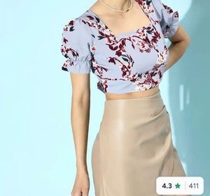 Blue Floral Square Neck Crop Top