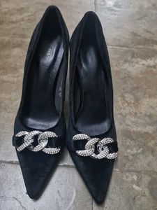 M&amp;S Black Velvet Heels with Rhinestone Buckle