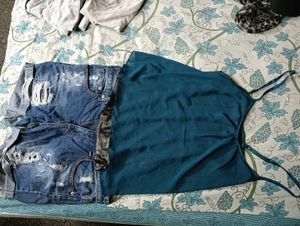 Distressed Denim Shorts &amp; Teal Camisole Set