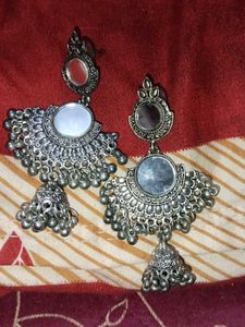Oxidized Silver Jhumka Earrings with Mirror