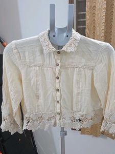 Boho Lace Trim Cropped Shirt