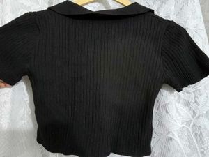 Black Ribbed Collared Crop Top