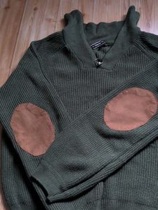 Green Ribbed Knit Sweater with Suede Patches