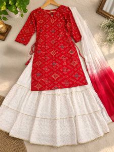 Red Bandhani Style Kurti - Skirt Set.