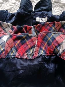 Navy Velvet Dress with Plaid Trim